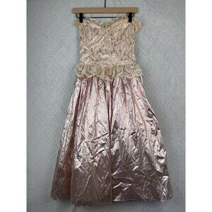 Vtg 80s Lola Berent Strapless Dress 7/8 Metallic Pink Lace Party Prom Queen 90s